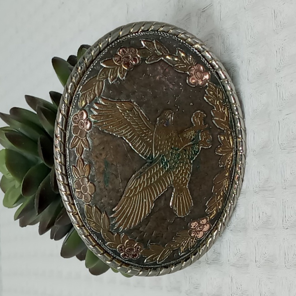 Vintage Copper Belt Buckle Flying Eagle Surrounded By Floral Wreath Made In USA